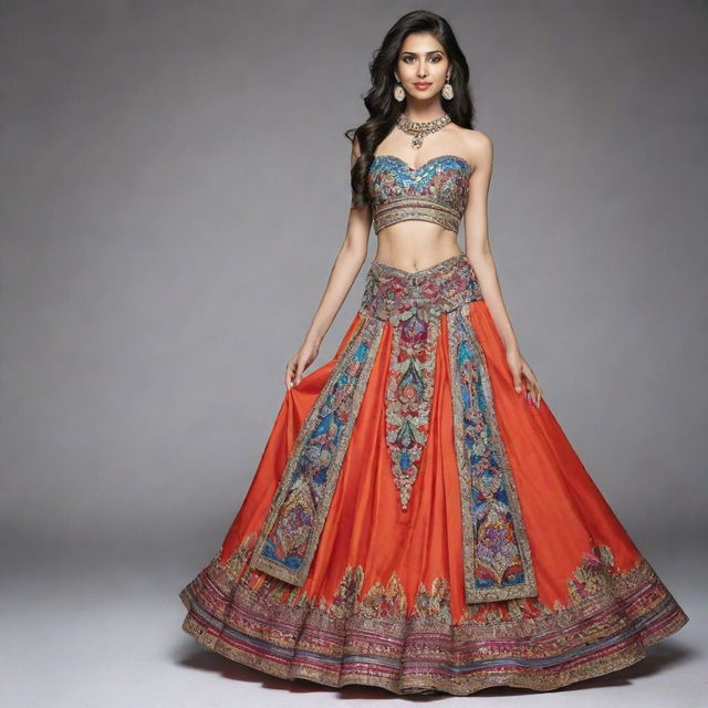 Revise previous design into an imaginative and unique long dress costume for a fashion design competition, integrating elements of Indian ethnic attire, utilizing traditional textiles with bold color combinations and unconventional embellishments.