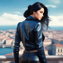 A high-quality digital art image showcasing a stunning view from behind of a beautiful Italian girl