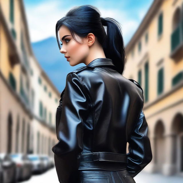 A high-quality digital art image showcasing a stunning view from behind of a beautiful Italian girl