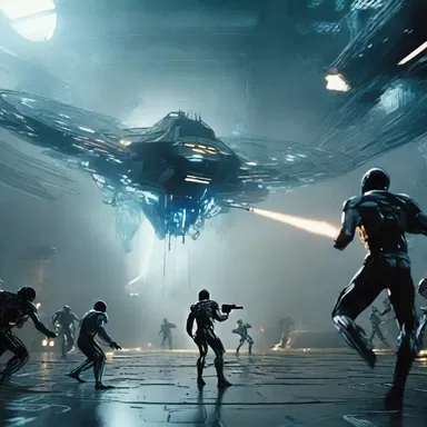 The futuristic battle scene in the science fiction film played out with advanced technology and stunning visual effects.