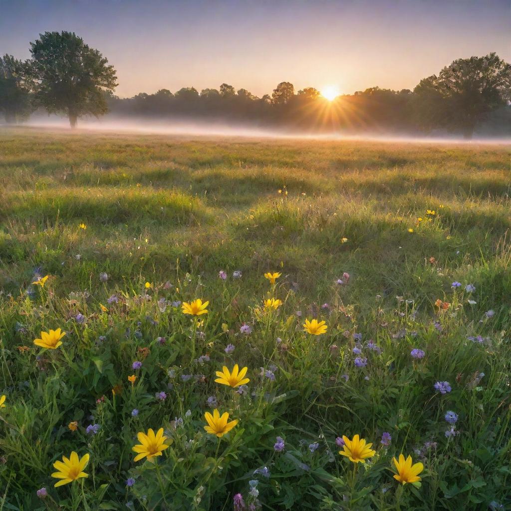 A vibrant sunrise over a lush meadow, with rays of light piercing through morning mist, illuminating dew drops on the green grass and colorful wildflowers