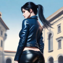 A high-quality digital art image presents a view from behind of a beautiful Italian girl