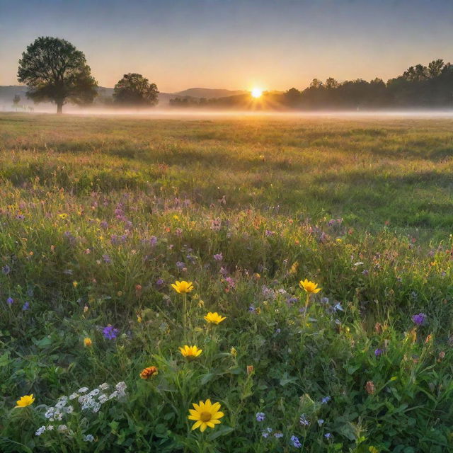 A vibrant sunrise over a lush meadow, with rays of light piercing through morning mist, illuminating dew drops on the green grass and colorful wildflowers