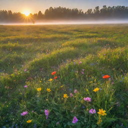 A vibrant sunrise over a lush meadow, with rays of light piercing through morning mist, illuminating dew drops on the green grass and colorful wildflowers