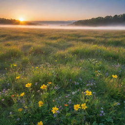 A vibrant sunrise over a lush meadow, with rays of light piercing through morning mist, illuminating dew drops on the green grass and colorful wildflowers