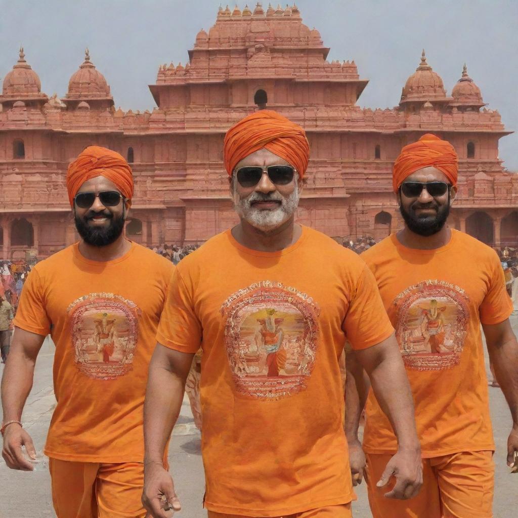 A three-dimensional image of a muscular figure and his warriors, all dressed in saffron t-shirts, returning from the grand Ram Mandir in Ayodhya. The newly constructed temple is proudly visible in the background with bold letters on top reading 'Ram Mandir'.