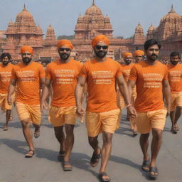 A three-dimensional image of a muscular figure and his warriors, all dressed in saffron t-shirts, returning from the grand Ram Mandir in Ayodhya. The newly constructed temple is proudly visible in the background with bold letters on top reading 'Ram Mandir'.