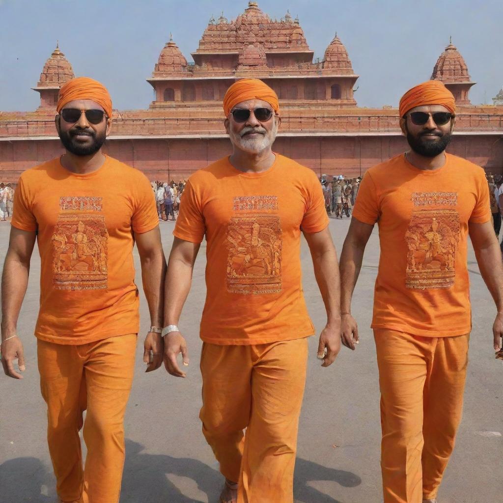 A three-dimensional image of a muscular figure and his warriors, all dressed in saffron t-shirts, returning from the grand Ram Mandir in Ayodhya. The newly constructed temple is proudly visible in the background with bold letters on top reading 'Ram Mandir'.