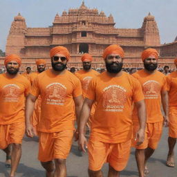 A three-dimensional image of a muscular figure and his warriors, all dressed in saffron t-shirts, returning from the grand Ram Mandir in Ayodhya. The newly constructed temple is proudly visible in the background with bold letters on top reading 'Ram Mandir'.