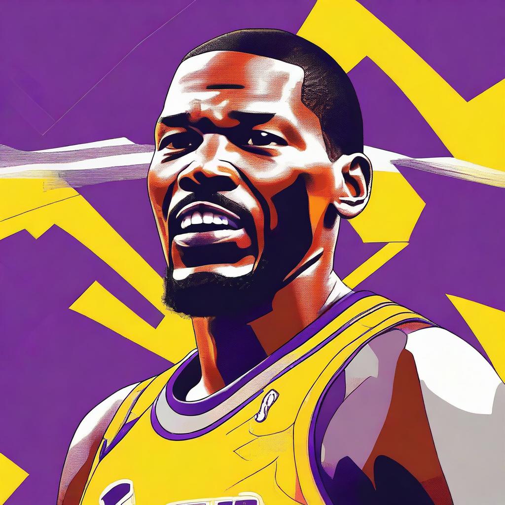 A humorous digital art piece showcasing Kevin Durant, the basketball player, sporting an LA Lakers uniform