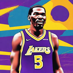 A humorous digital art piece showcasing Kevin Durant, the basketball player, sporting an LA Lakers uniform