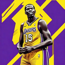 A humorous digital art piece showcasing Kevin Durant, the basketball player, sporting an LA Lakers uniform