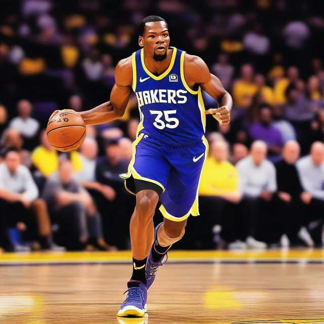 A high-quality photograph capturing Kevin Durant in an LA Lakers uniform