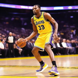 A high-quality photograph capturing Kevin Durant in an LA Lakers uniform