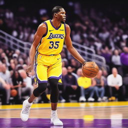 A high-quality photograph capturing Kevin Durant in an LA Lakers uniform