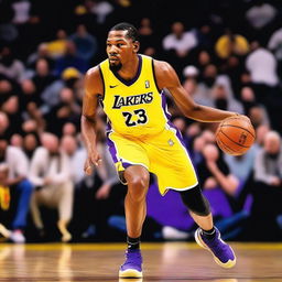 A high-quality photograph capturing Kevin Durant in an LA Lakers uniform