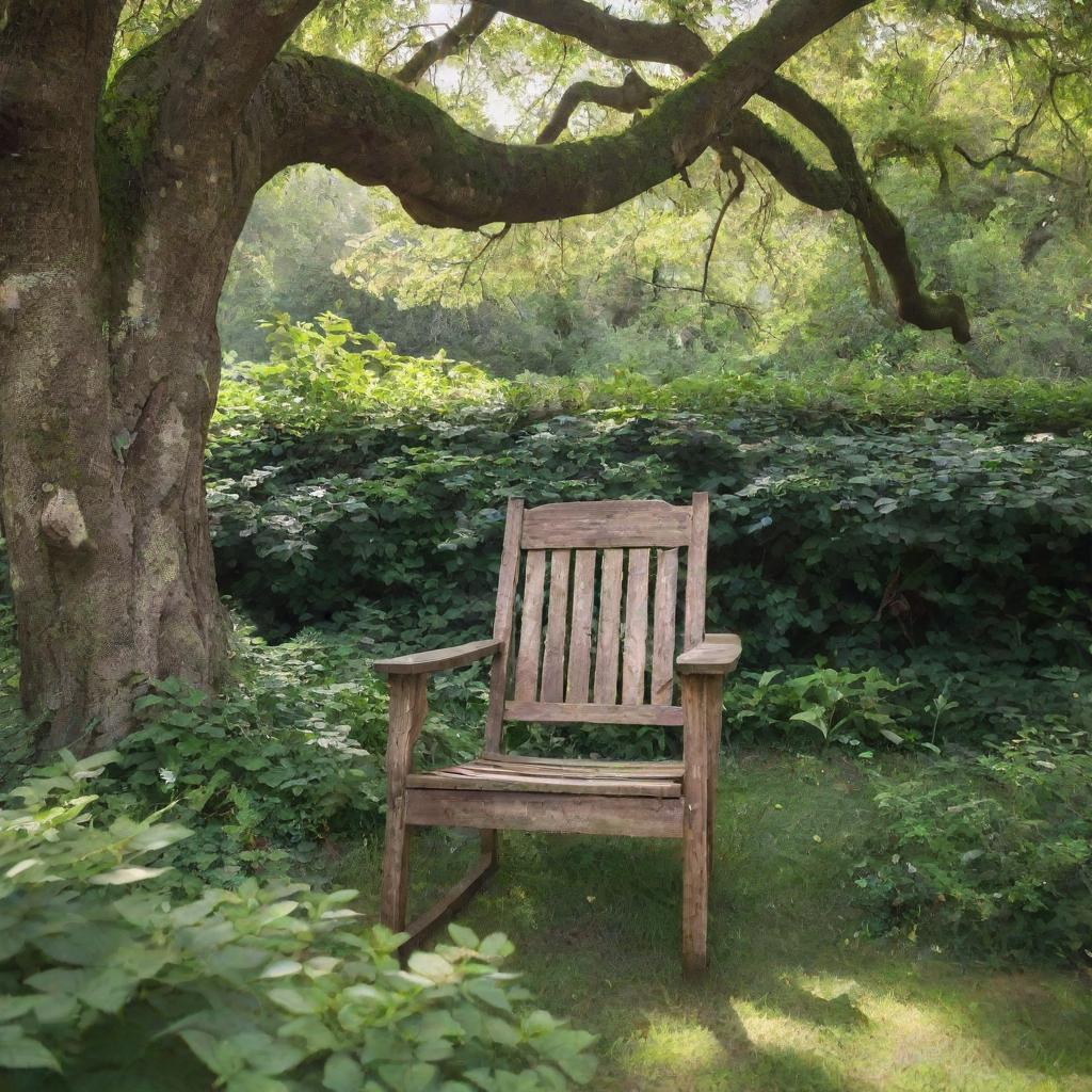 A rustic wooden chair positioned amidst lush greenery, under dappled sunlight filtering through overhanging tree branches