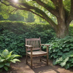 A rustic wooden chair positioned amidst lush greenery, under dappled sunlight filtering through overhanging tree branches