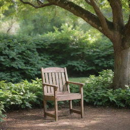 A rustic wooden chair positioned amidst lush greenery, under dappled sunlight filtering through overhanging tree branches