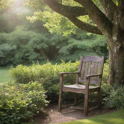 A rustic wooden chair positioned amidst lush greenery, under dappled sunlight filtering through overhanging tree branches