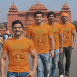 Generate a 3D image of a muscular figure and warriors in saffron T-shirts returning from the Ayodhya Ram Temple. The temple is newly constructed, standing proudly in the background. A bold inscription 'Ram Mandir' adorns the top of the temple.