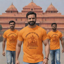 Generate a 3D image of a muscular figure and warriors in saffron T-shirts returning from the Ayodhya Ram Temple. The temple is newly constructed, standing proudly in the background. A bold inscription 'Ram Mandir' adorns the top of the temple.