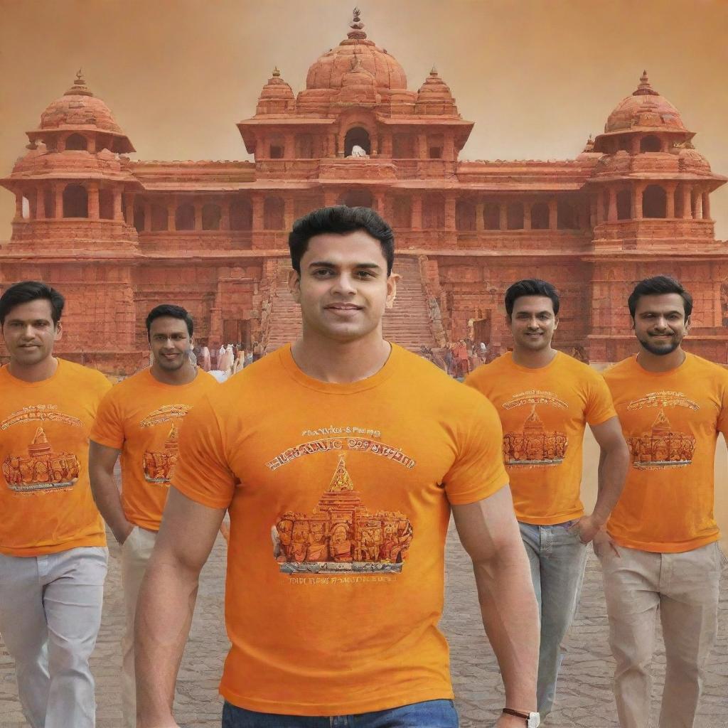 Generate a 3D image of a muscular figure and warriors in saffron T-shirts returning from the Ayodhya Ram Temple. The temple is newly constructed, standing proudly in the background. A bold inscription 'Ram Mandir' adorns the top of the temple.