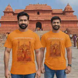 Generate a 3D image of a muscular figure and warriors in saffron T-shirts returning from the Ayodhya Ram Temple. The temple is newly constructed, standing proudly in the background. A bold inscription 'Ram Mandir' adorns the top of the temple.