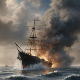 A realistic depiction of a ship explosion at sea, distinguished by towering clouds of smoke and dust reflected in the shimmering waters below.