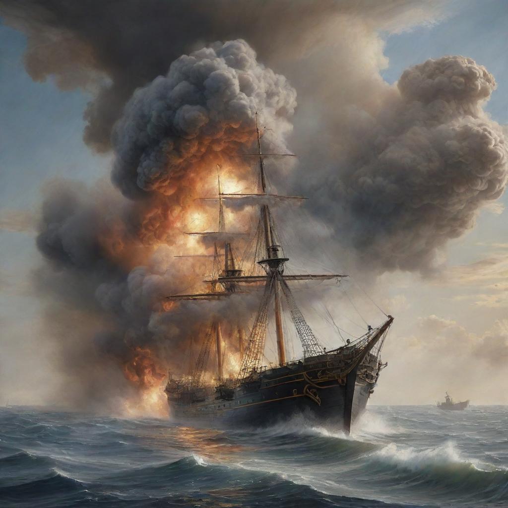 A realistic depiction of a ship explosion at sea, distinguished by towering clouds of smoke and dust reflected in the shimmering waters below.