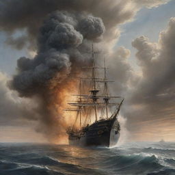 A realistic depiction of a ship explosion at sea, distinguished by towering clouds of smoke and dust reflected in the shimmering waters below.