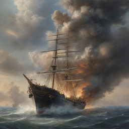 A realistic depiction of a ship explosion at sea, distinguished by towering clouds of smoke and dust reflected in the shimmering waters below.