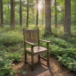 An enhanced view of the rustic wooden chair, now completely surrounded by a dense forest. Vibrant green leaves, tall trees, and blooming wildflowers dominate the landscape with the sunlight creating a mystical aura