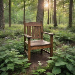 An enhanced view of the rustic wooden chair, now completely surrounded by a dense forest. Vibrant green leaves, tall trees, and blooming wildflowers dominate the landscape with the sunlight creating a mystical aura