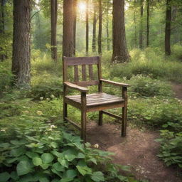 An enhanced view of the rustic wooden chair, now completely surrounded by a dense forest. Vibrant green leaves, tall trees, and blooming wildflowers dominate the landscape with the sunlight creating a mystical aura