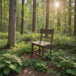 An enhanced view of the rustic wooden chair, now completely surrounded by a dense forest. Vibrant green leaves, tall trees, and blooming wildflowers dominate the landscape with the sunlight creating a mystical aura