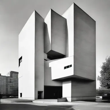 The modernist building stood out from its surroundings with its hostile façade, characterized by sharp angles and aggressive lines.