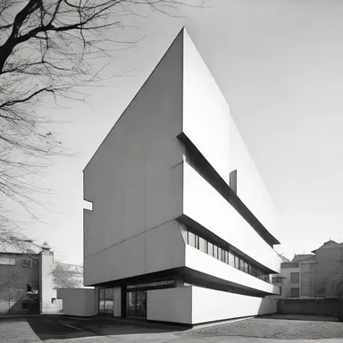 The modernist building stood out from its surroundings with its hostile façade, characterized by sharp angles and aggressive lines.