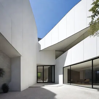 The stark contrast between the hostile angles and smooth surfaces in the building design creates a sense of tension.