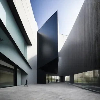 The stark contrast between the hostile angles and smooth surfaces in the building design creates a sense of tension.