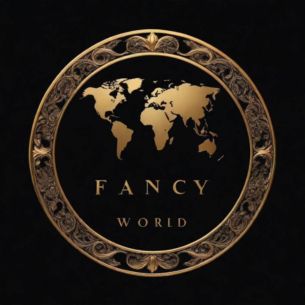 A realistic logo set against a black background. The foreground comprises the words 'Fancy World' designed opulently in golden hues.