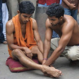 A respectful 23-year-old boy named Alok Yadav, weighing 60 kg, humbly touching the feet of deity Shree Ram.