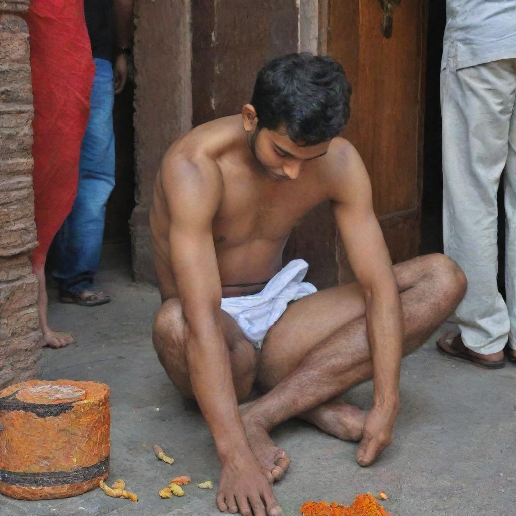 A respectful 23-year-old boy named Alok Yadav, weighing 60 kg, humbly touching the feet of deity Shree Ram.
