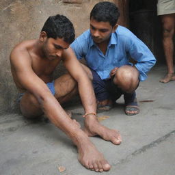 A respectful 23-year-old boy named Alok Yadav, weighing 60 kg, humbly touching the feet of deity Shree Ram.