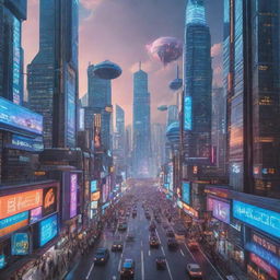 An animated futuristic cityscape bustling with advanced technologies, towering skyscrapers, neon lights, flying vehicles, and diverse humanoid creatures leading their daily lives