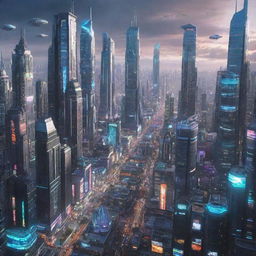 An animated futuristic cityscape bustling with advanced technologies, towering skyscrapers, neon lights, flying vehicles, and diverse humanoid creatures leading their daily lives