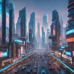 An animated futuristic cityscape bustling with advanced technologies, towering skyscrapers, neon lights, flying vehicles, and diverse humanoid creatures leading their daily lives