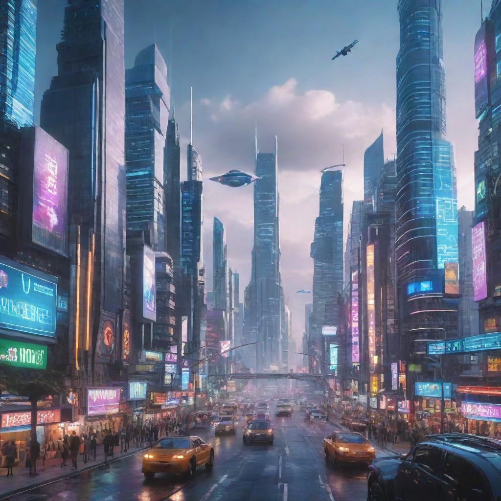 An animated futuristic cityscape bustling with advanced technologies, towering skyscrapers, neon lights, flying vehicles, and diverse humanoid creatures leading their daily lives