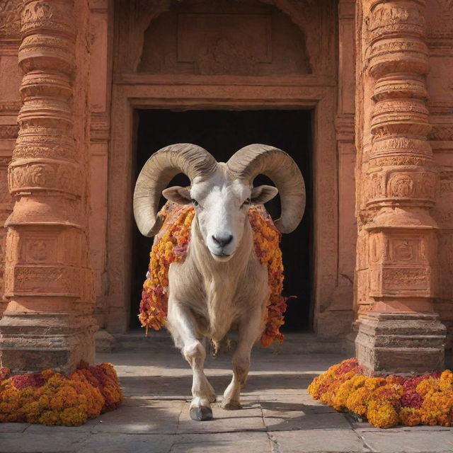 A majestic ram exiting the elaborately decorated Ram Mandir in Ayodhya, with the intricate architecture of the temple providing a grand backdrop.