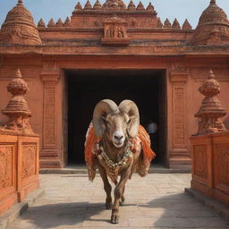 A majestic ram exiting the elaborately decorated Ram Mandir in Ayodhya, with the intricate architecture of the temple providing a grand backdrop.